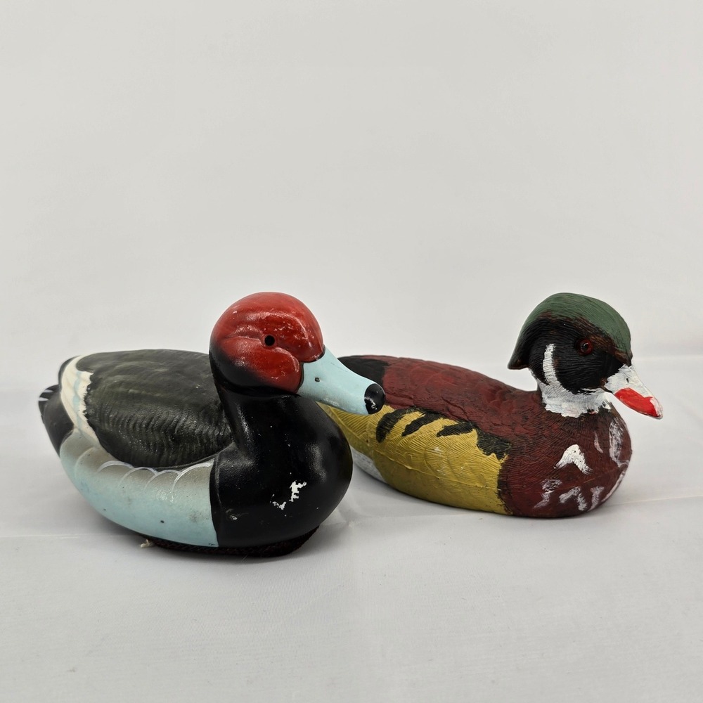 Vintage Hand Painted Duck Decoy Figurines Redhead and Wood Duck Set of 2